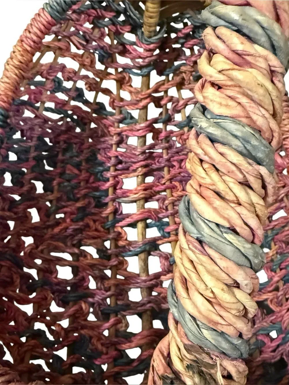 Large Colorful Woven Boho Boat Basket Pink Purple Teal and Tan 22” x 18” x 14”
